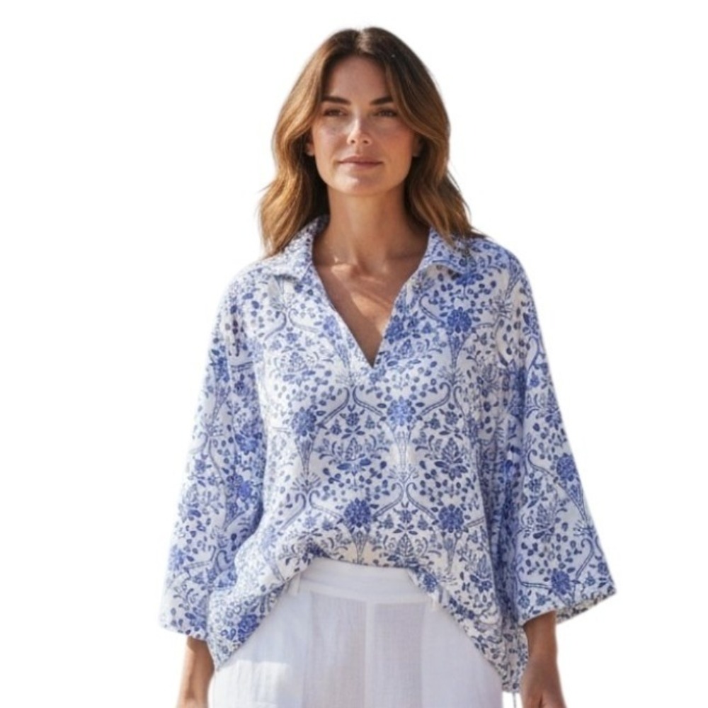 Joie 100%Linen Womens 2X Euro Summer Beach Resortwear Preppy Casual Bohemian Top